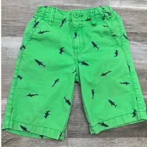 OshKosh Bgosh Boys Green Shark Print Chino Shorts Size 7 Cotton Summer Casual